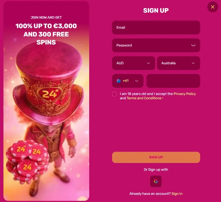 24magic-registration-form-with-aud-currency-australia-and-the-plus-61-phone-code